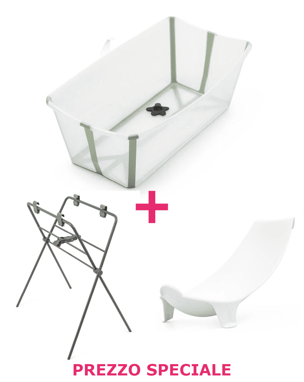 Flexi bath trasparent green + supporto per flexi e neonato a un prezzo speciale - stokke®