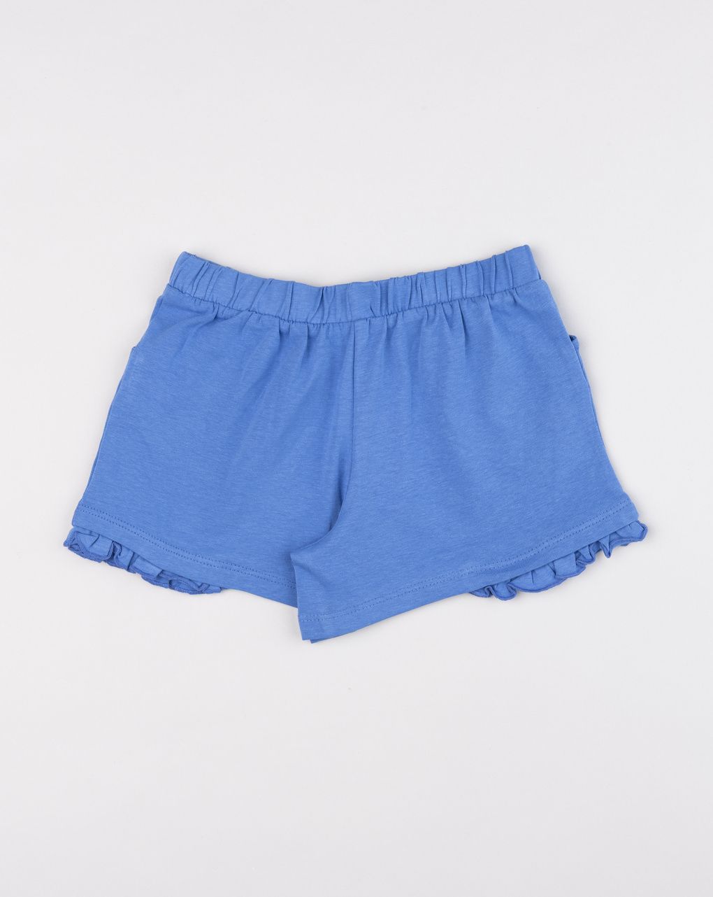Shorts bimba blu con balza e ricamo