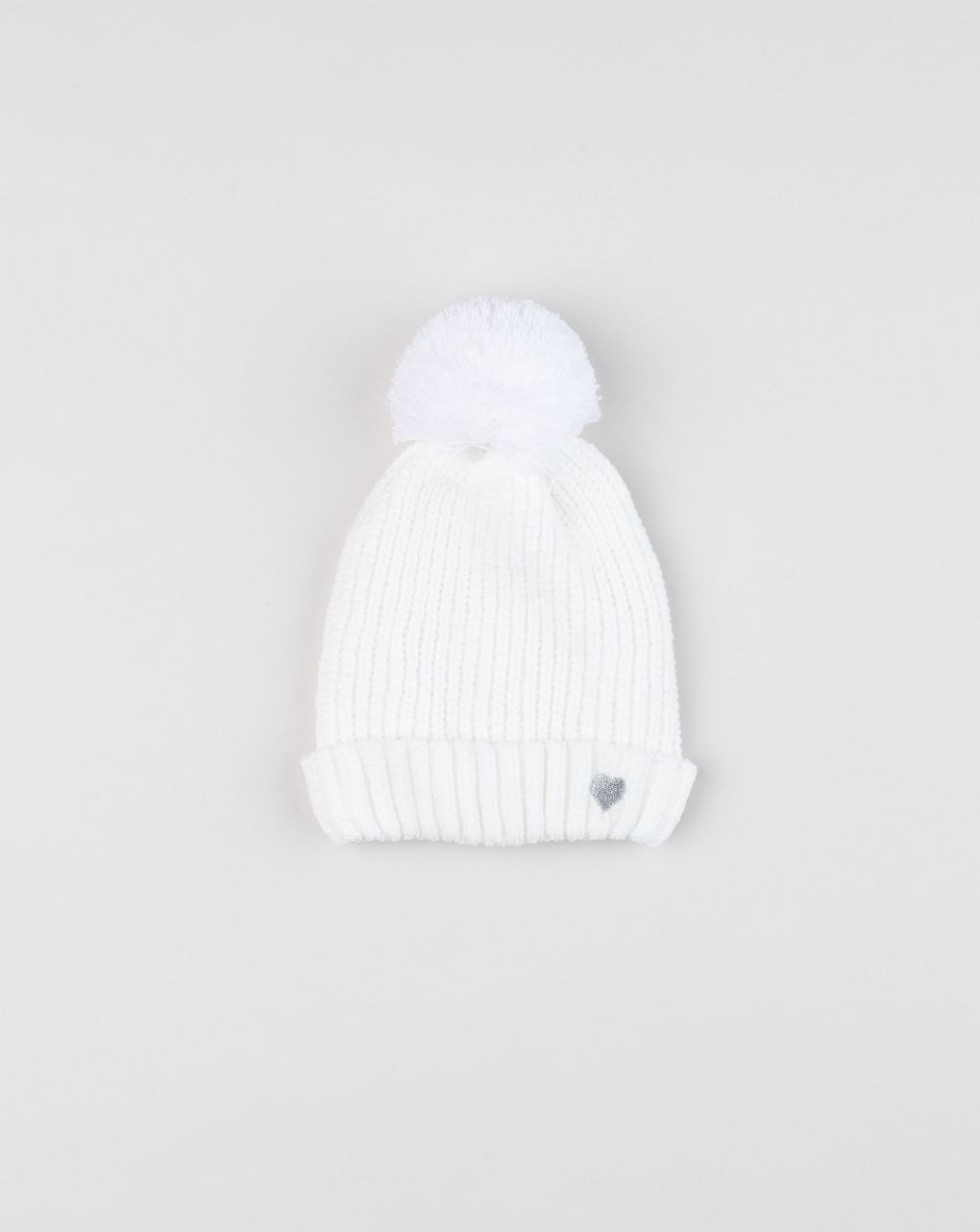 Berretto bambina in ciniglia bianco con pon pon