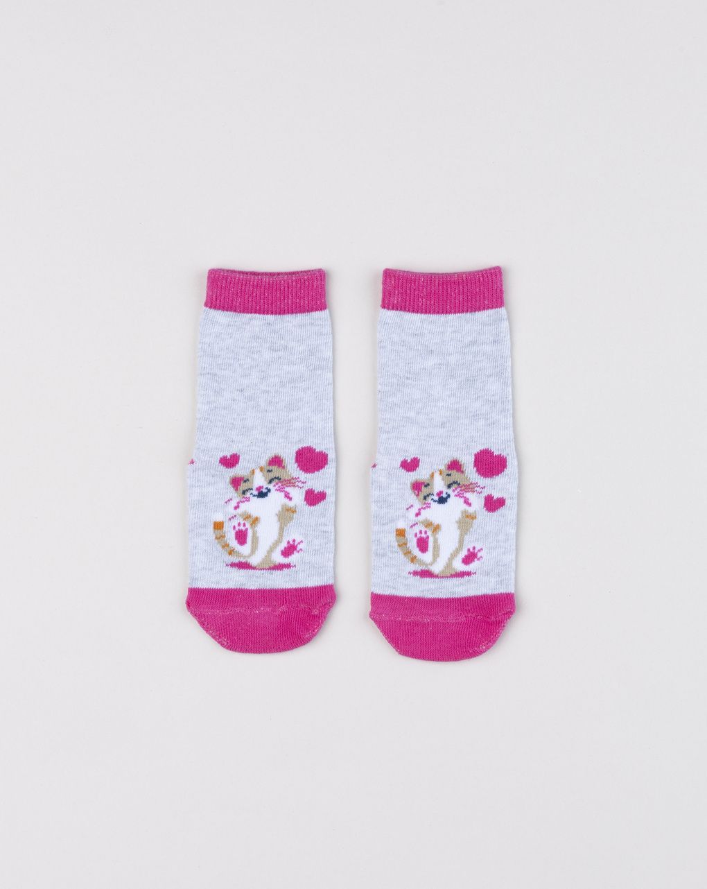 Antiscivolo bimba grigio melange/fucsia con gattino