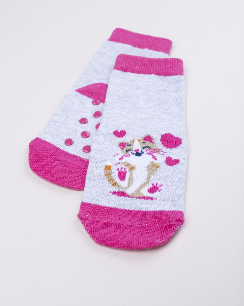 Antiscivolo bimba grigio melange/fucsia con gattino
