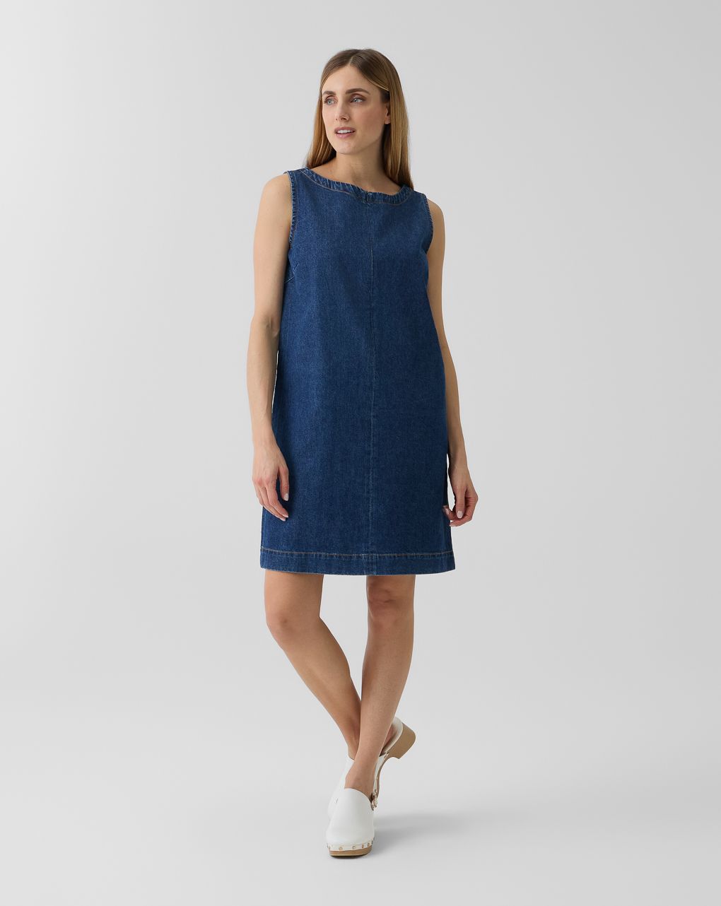 Abito smanicato denim premaman