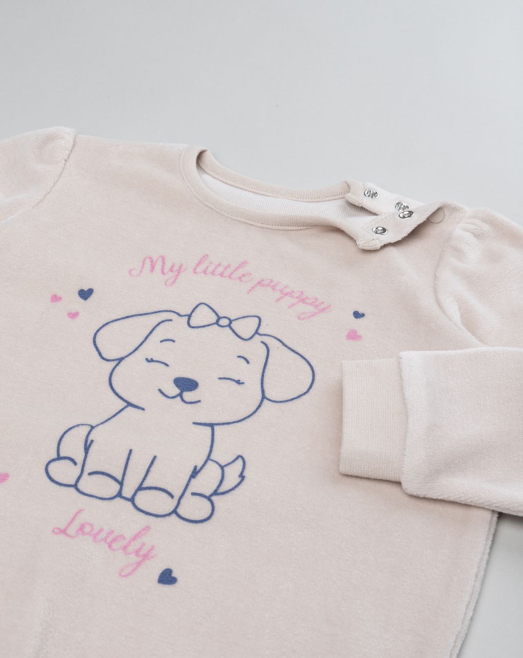 Pigiama ciniglia lungo due pezzi bimba beige "cagnolino"