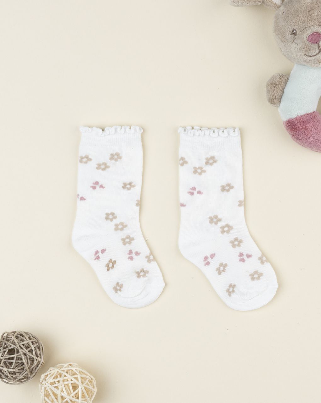 Gambaletti bambina panna con fiori e cuori