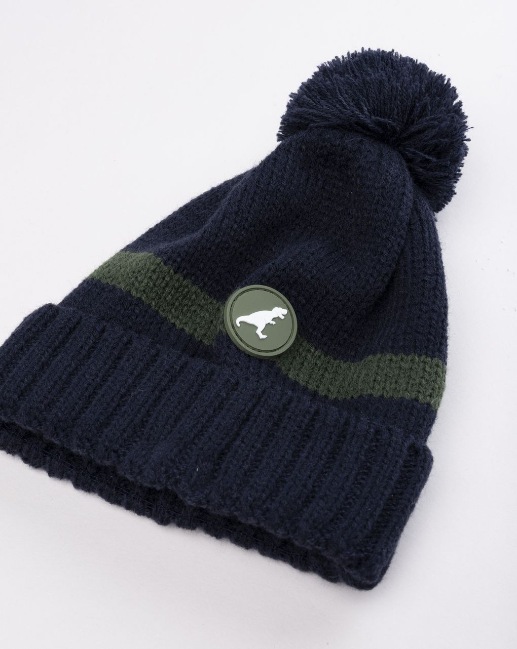Berretto bambino con pon pon blu/verde t-rex