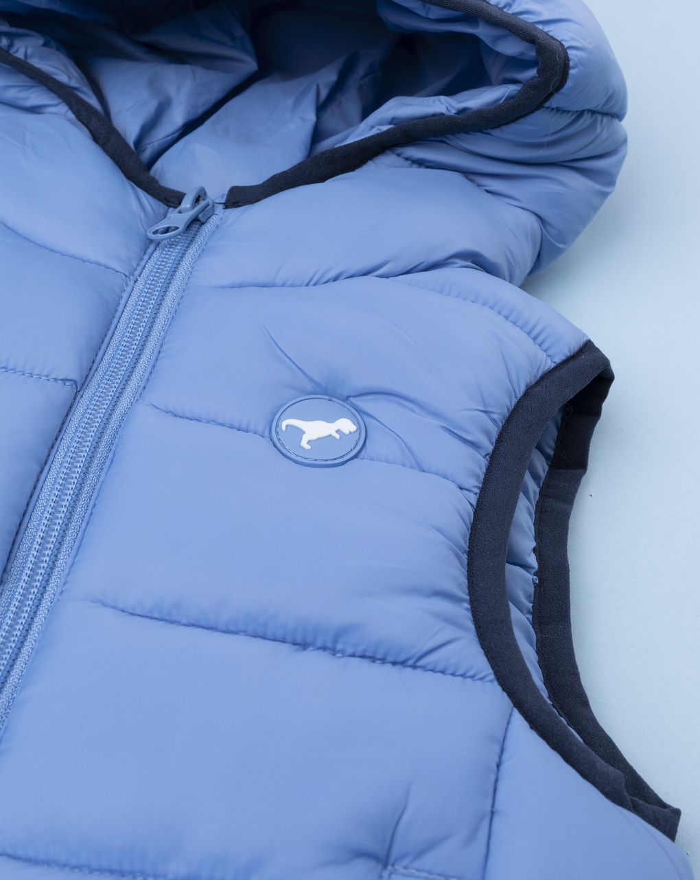 Gilet smanicato trapuntato da neonato con cappuccio azzurro