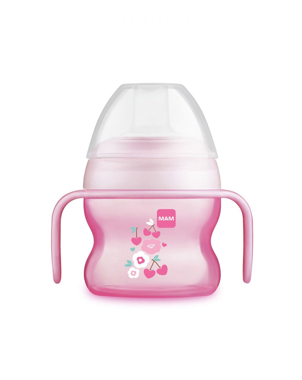 Mam starter cup tazza bambini 150 ml, biberon acqua e latte per neonati 4+ mesi con morbido beccuccio anti-goccia, rosa