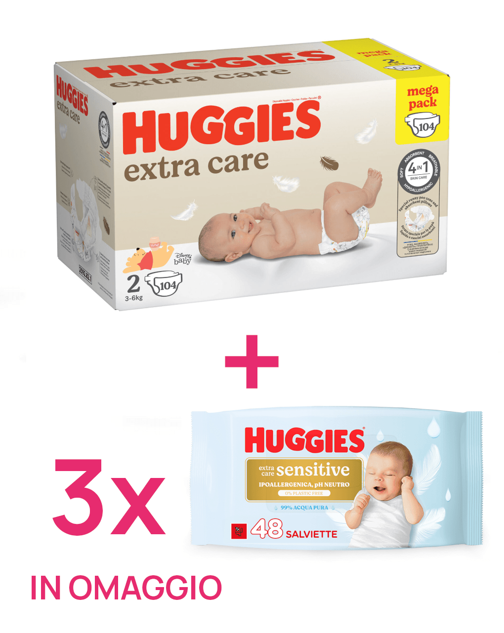 Pannolini extra care mega pack tg. 2 (3-6 kg) 104 pannolini + 3 salviette extra care sensitive in omaggio