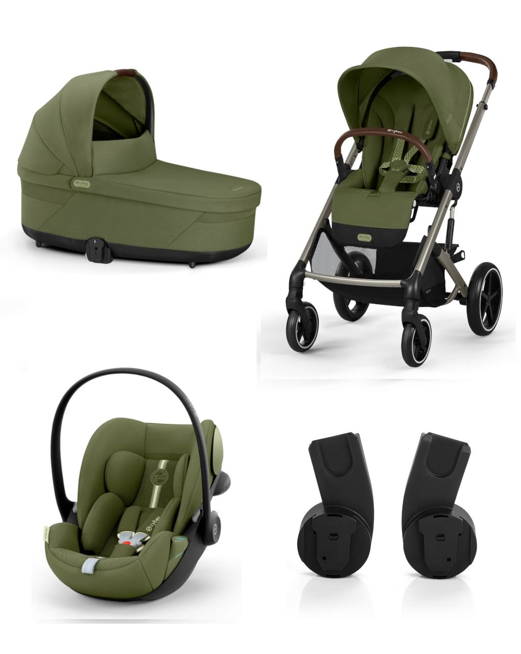 Trio balios s lux tpe moss green con navicella cots e seggiolino cloud g3 plus moss green + adatt. - cybex
