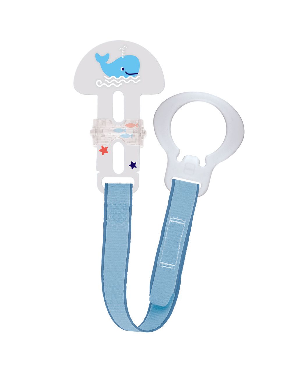 Mam clip & cover catenella portaciuccio, catenella ciuccio 0+ mesi regolabile con chiusura a velcro e salvasucchietto, azzurro