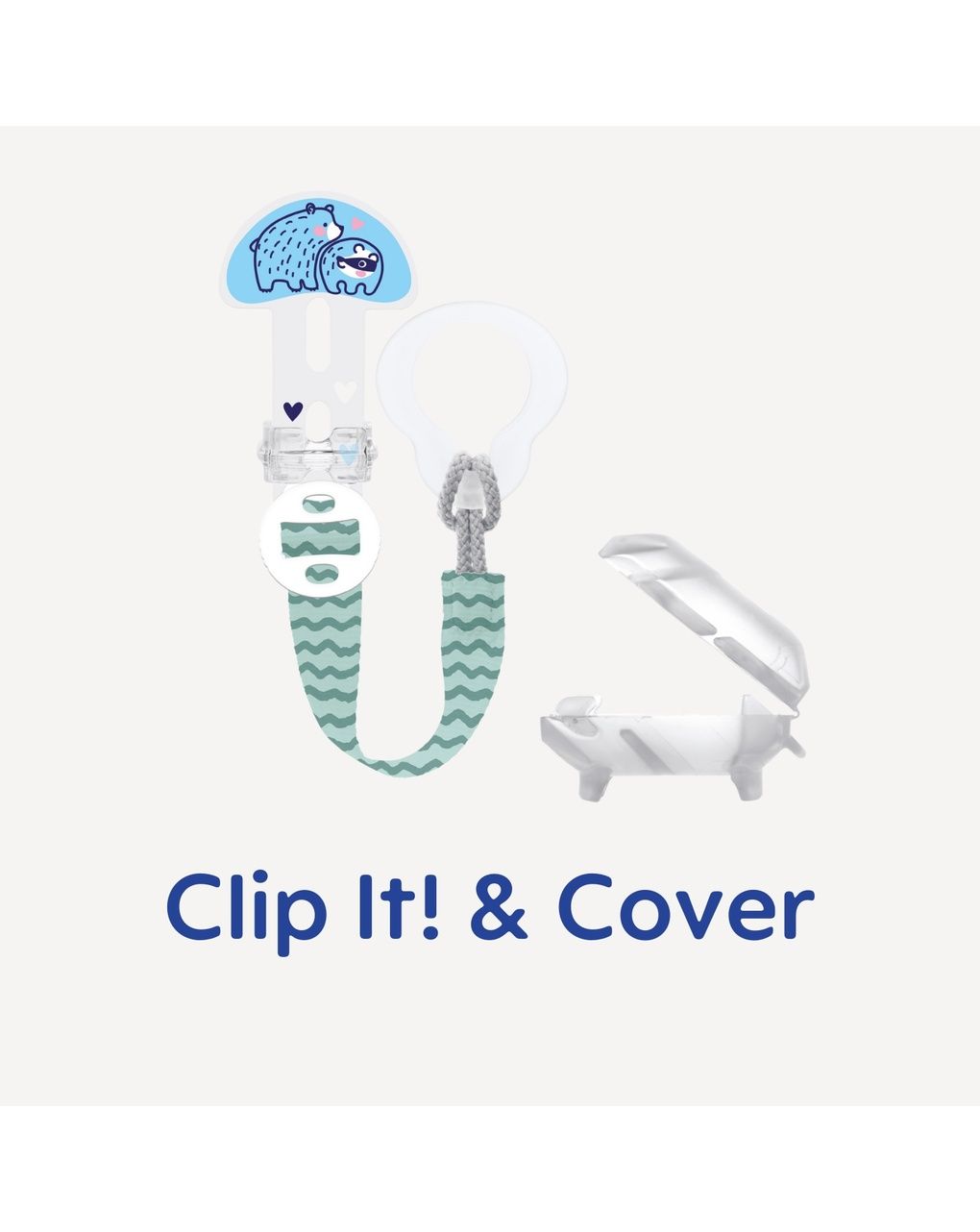 Mam clip it! & cover catenella portaciuccio, catenella ciuccio 0+ mesi regolabile con anello rimovibile e con salvasucchietto, azzurro