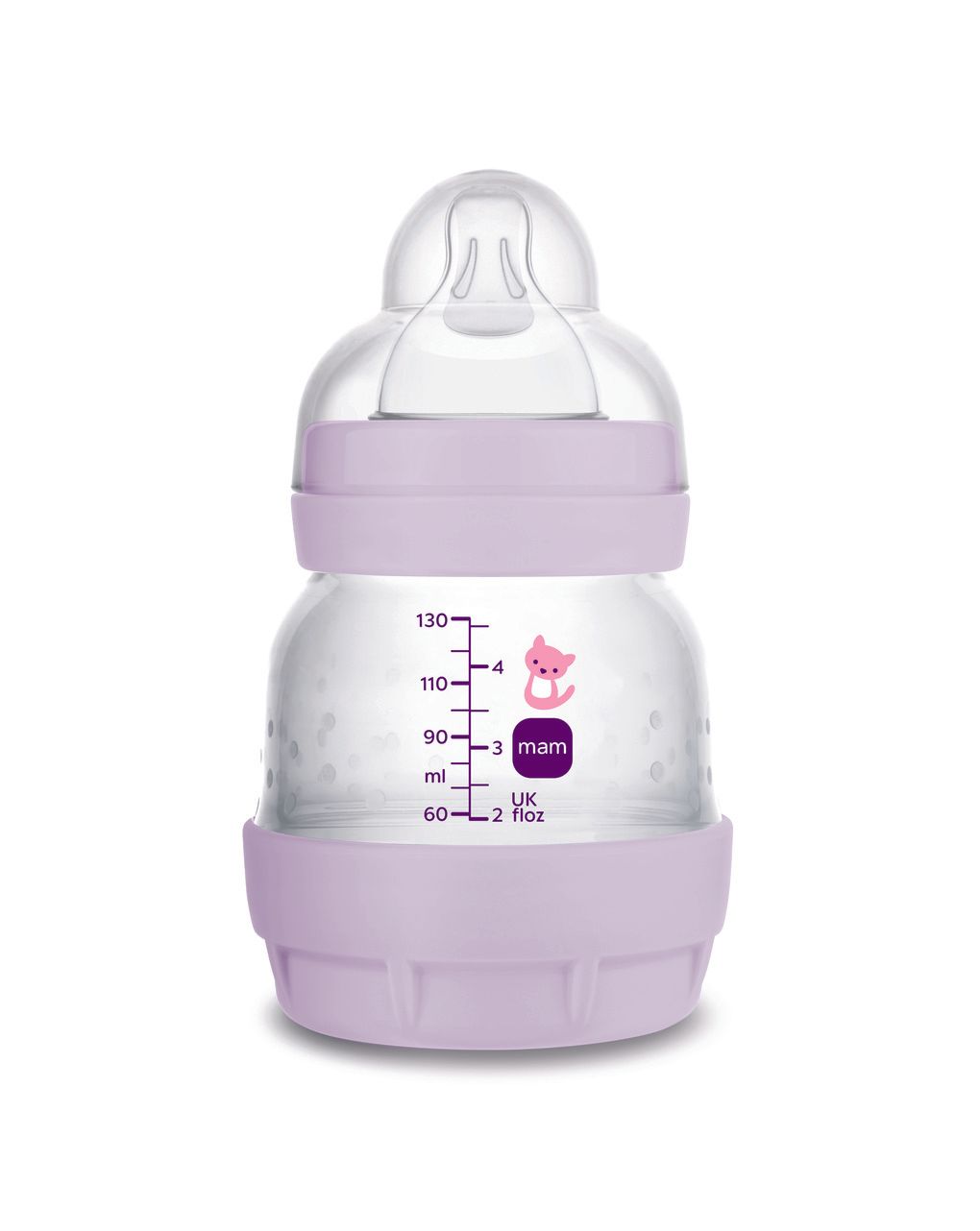 Mam biberon easy start 130 ml, biberon anticolica per allattamento misto che riduce le bolle d'aria e il rischio di coliche, lilla