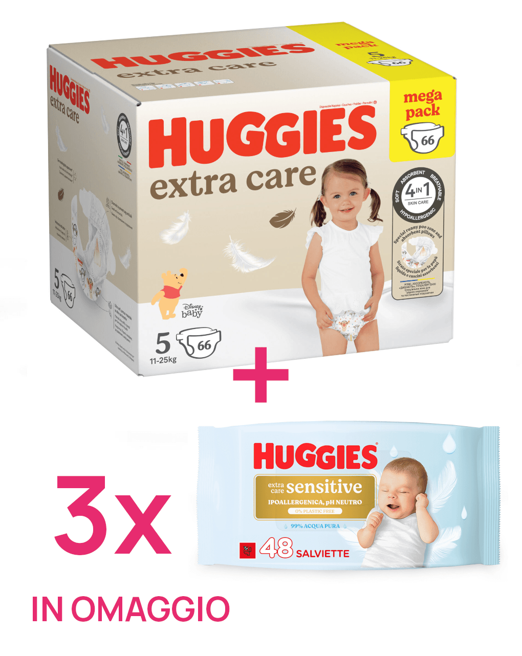 Pannolini extra care mega pack tg.5 (11-25 kg) 66 pannolini + 3 salviette extra care sensitive in omaggio
