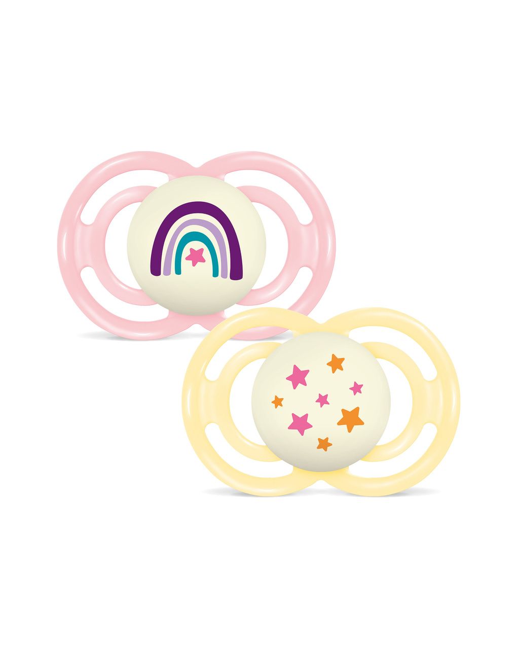 Mam perfect night confezione doppia succhietto 16+ mesi (set da 2), ciuccio mam 16 36 mesi silicone che si illumina al buio, rosa/giallo