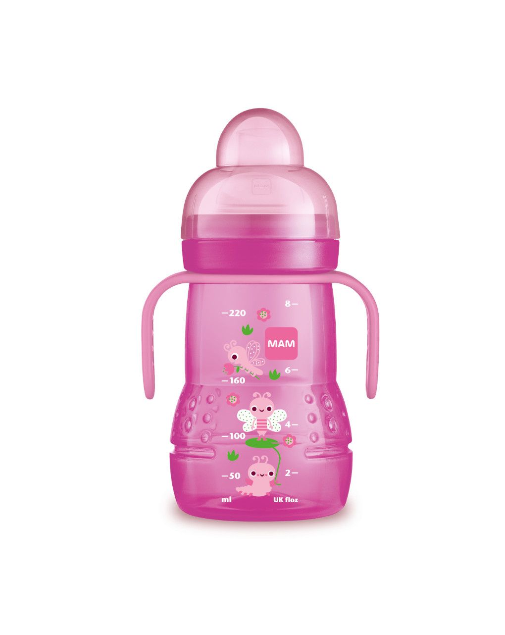Mam trainer 220 ml, biberon acqua e latte per neonati 4+ mesi con tettarella antigoccia in silicone, rosa