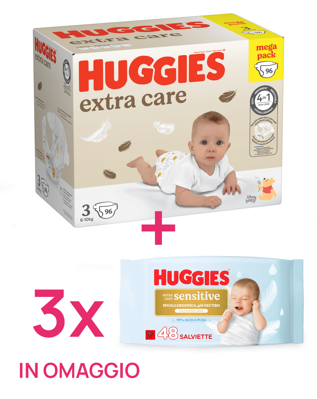 Pannolini extra care mega pack. tg.3 (6-10 kg) 96 pannolini + 3 salviette extra care sensitive in omaggio