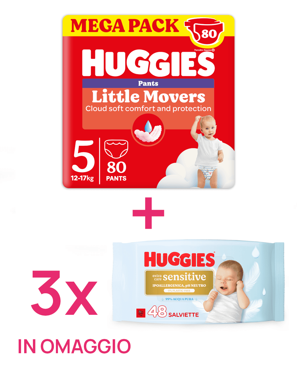Pannolini little movers mutandina megapack tg.5 80 pezzi + 3 salviette extra care sensitive in omaggio