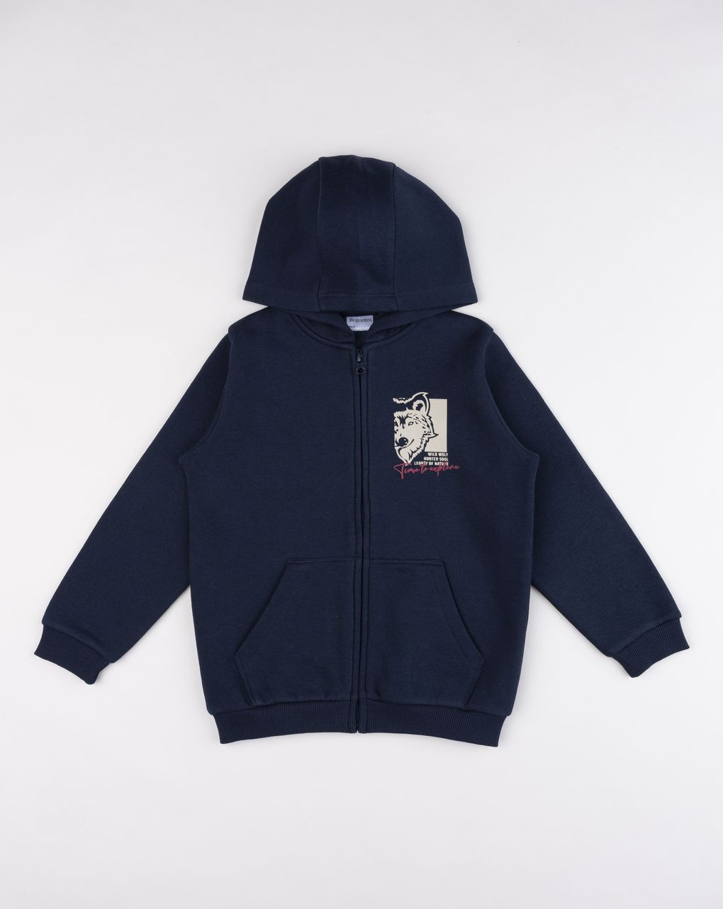 Felpa blu bambino full-zip con cappuccio e stampa