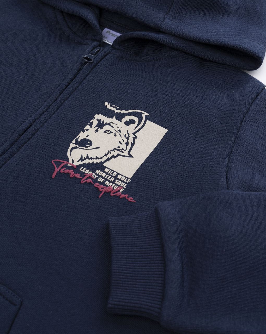 Felpa blu bambino full-zip con cappuccio e stampa