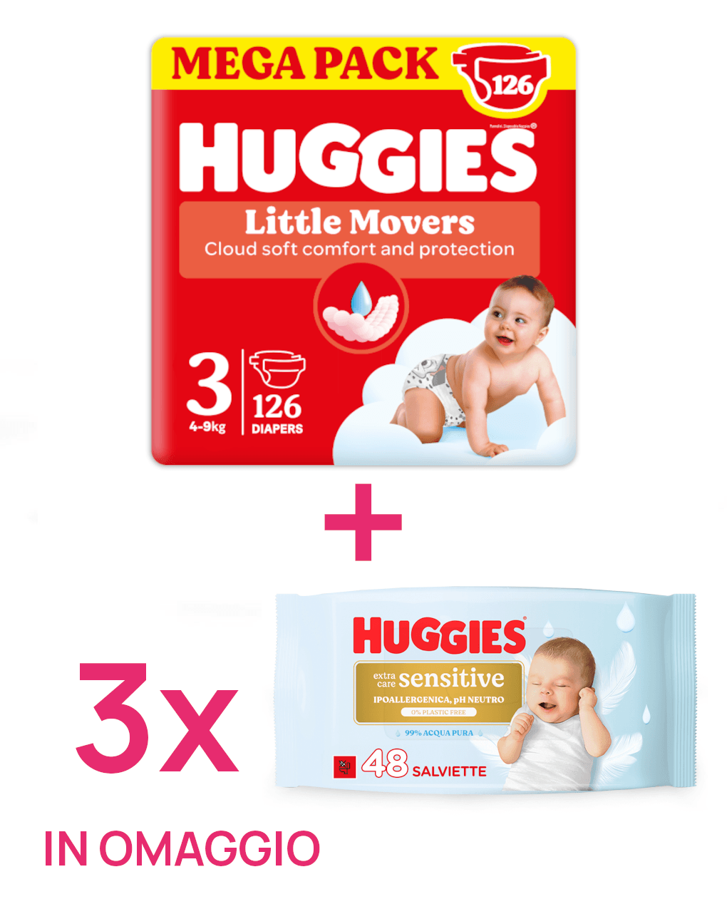 Pannolini little movers tg3 126 pezzi + 3 salviette extra care sensitive in omaggio
