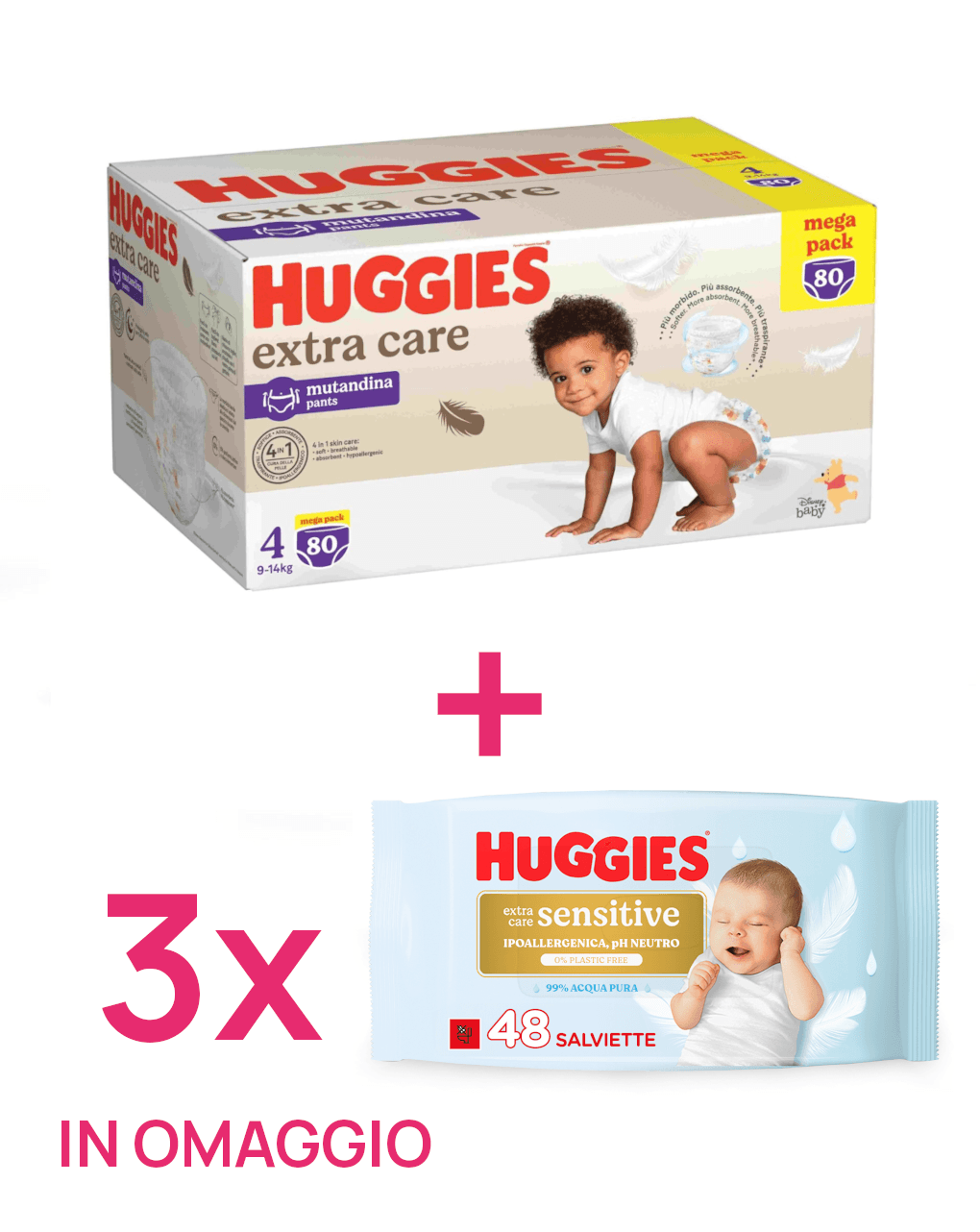 Pannolini extra care mutandina mega pack tg 4 (9-14 kg) + 3 salviette extra care sensitive in omaggio