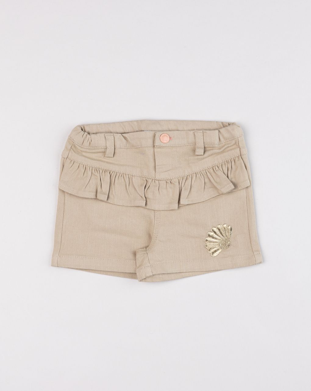 Shorts bimba denim beige con volant e ricamo conchiglia