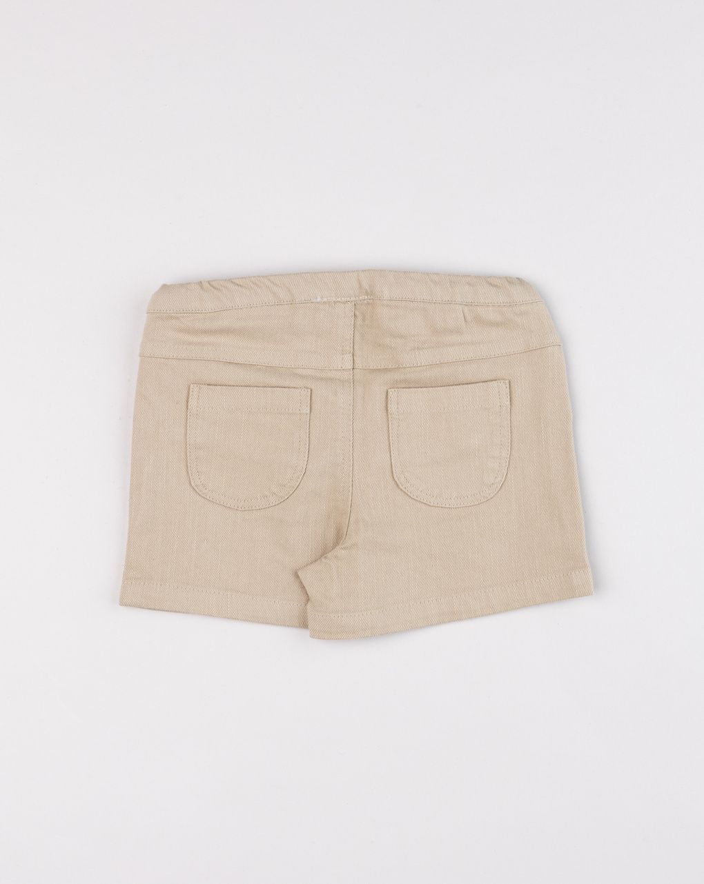 Shorts bimba denim beige con volant e ricamo conchiglia
