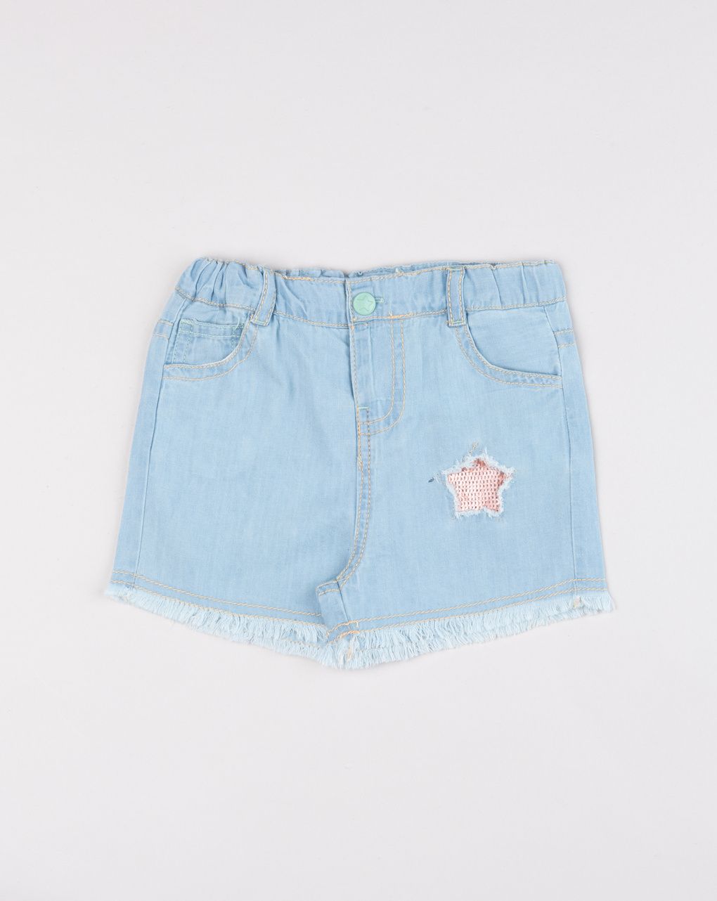 Shorts bimba in denim chiaro con applicazione stella