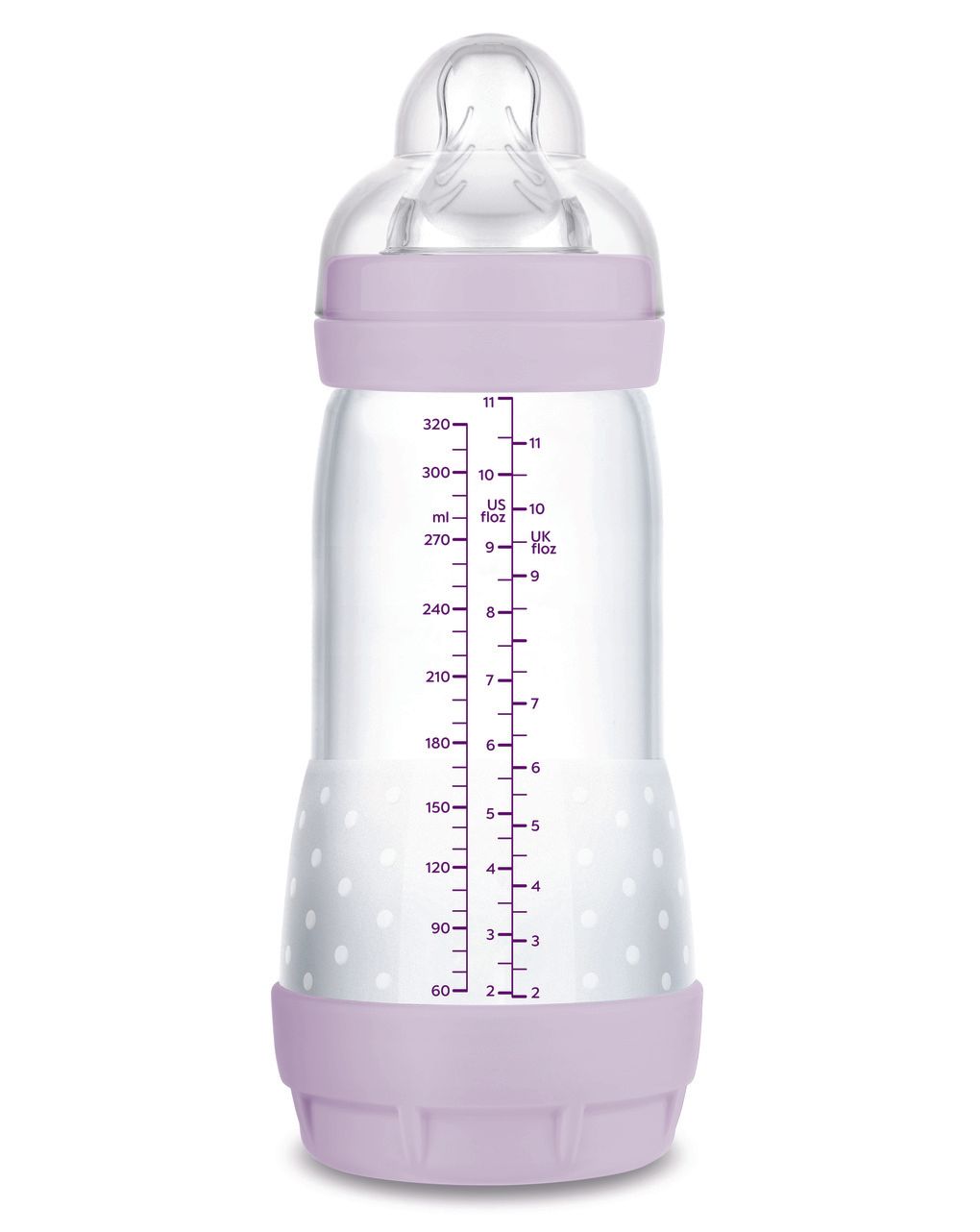 Mam biberon easy start 320 ml, biberon anticolica per allattamento misto, riduce le bolle d'aria e il rischio di coliche, lilla, 4+ mesi