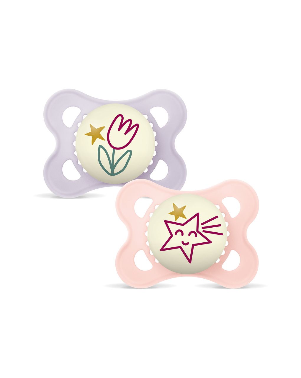 Mam original night succhietto 2-6 mesi (set da 2), ciuccio mam 2-6 mesi che si illumina al buio con tettarella in silicone, rosa/lilla