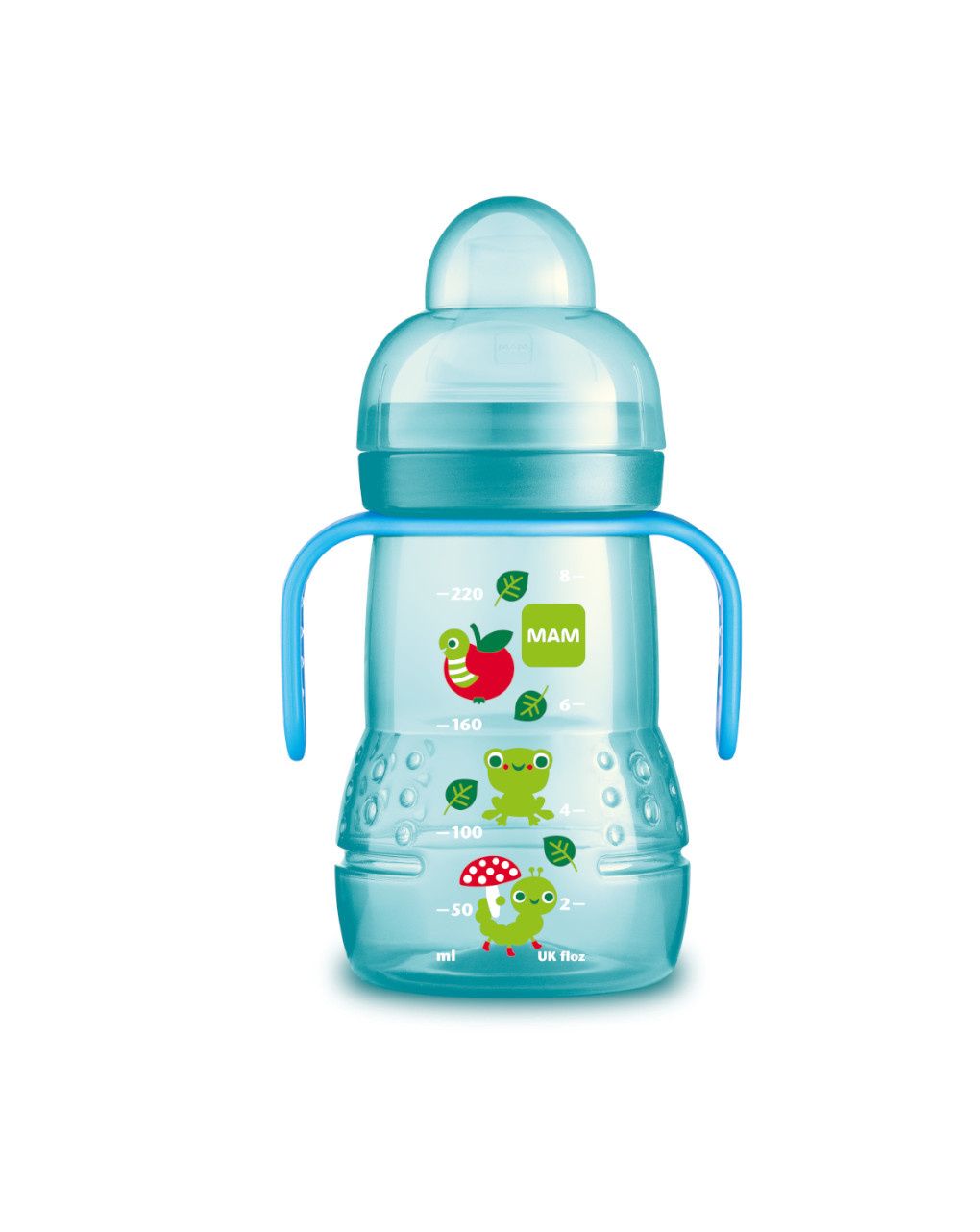 Mam trainer 220 ml, biberon acqua e latte per neonati 4+ mesi con tettarella antigoccia in silicone, azzurro