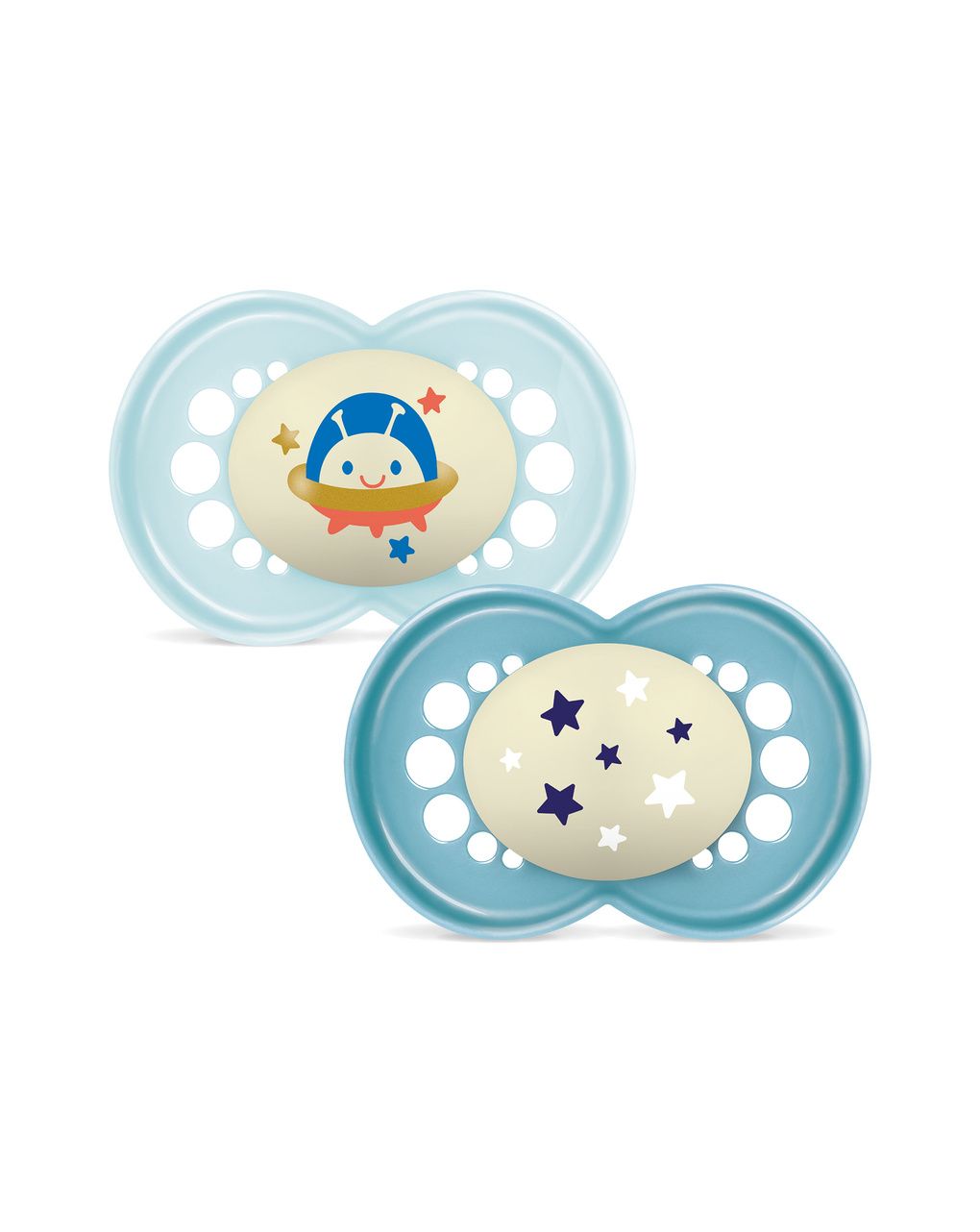 Mam original night succhietto 6+ mesi (set da 2), ciuccio mam 6-16 mesi che si illumina al buio con tettarella in silicone, azzurro