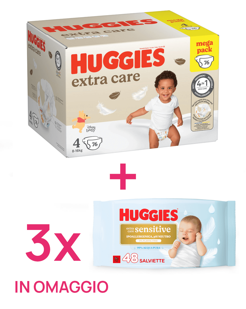 Pannolini extra care mega pack tg.4 (8-16 kg) 76 pannolini + 3 salviette extra care sensitive in omaggio