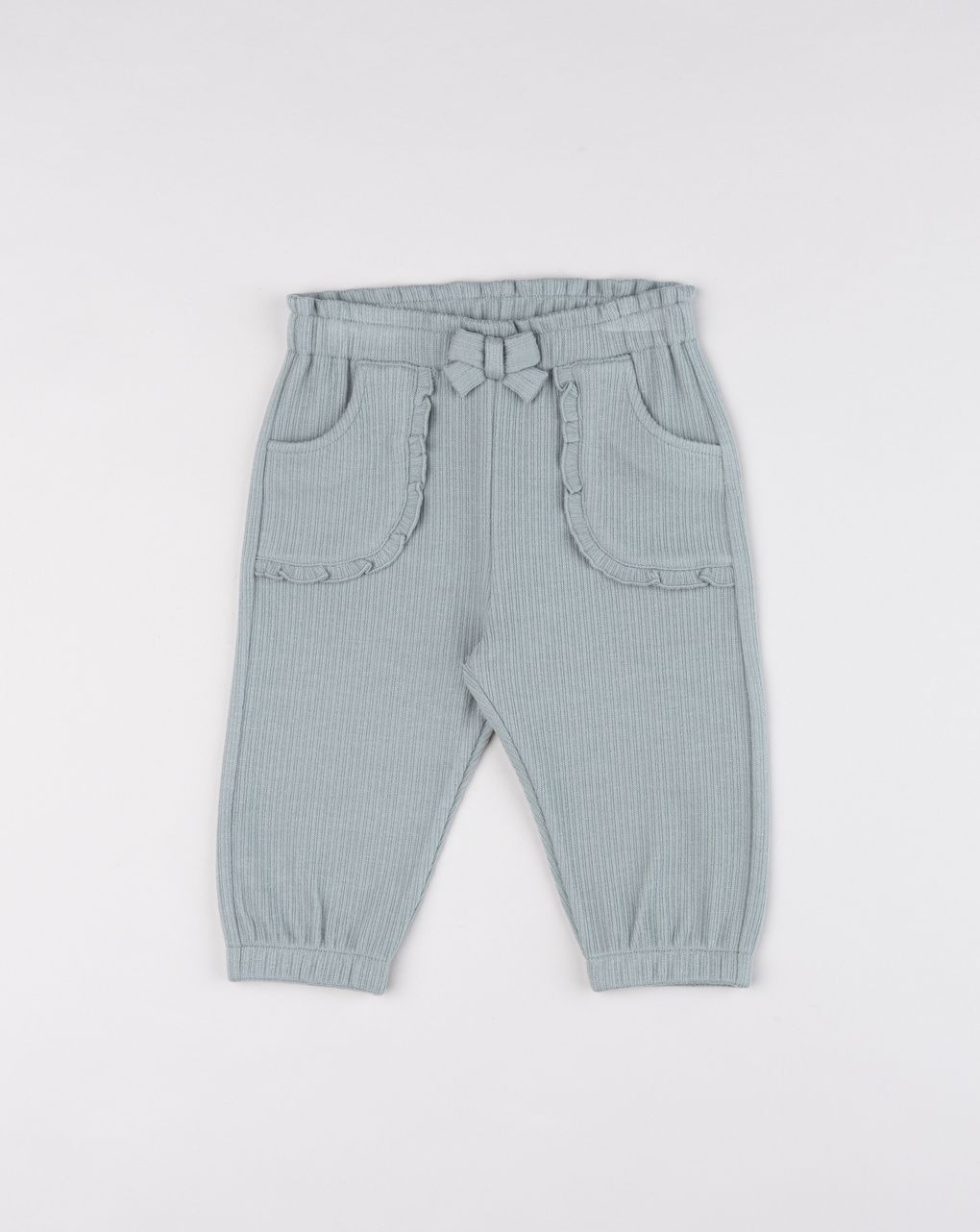 Pantalone neonata in ciniglia verde salvia con volant e fiocco