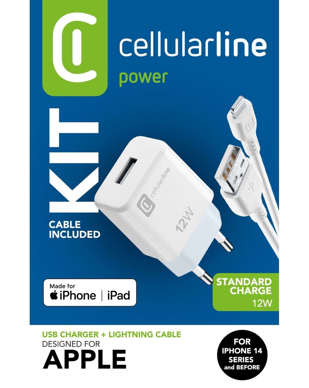 Caricabatterie kit 12w  con cavo lightning incluso - bianco - per dispositivi apple - cellularline