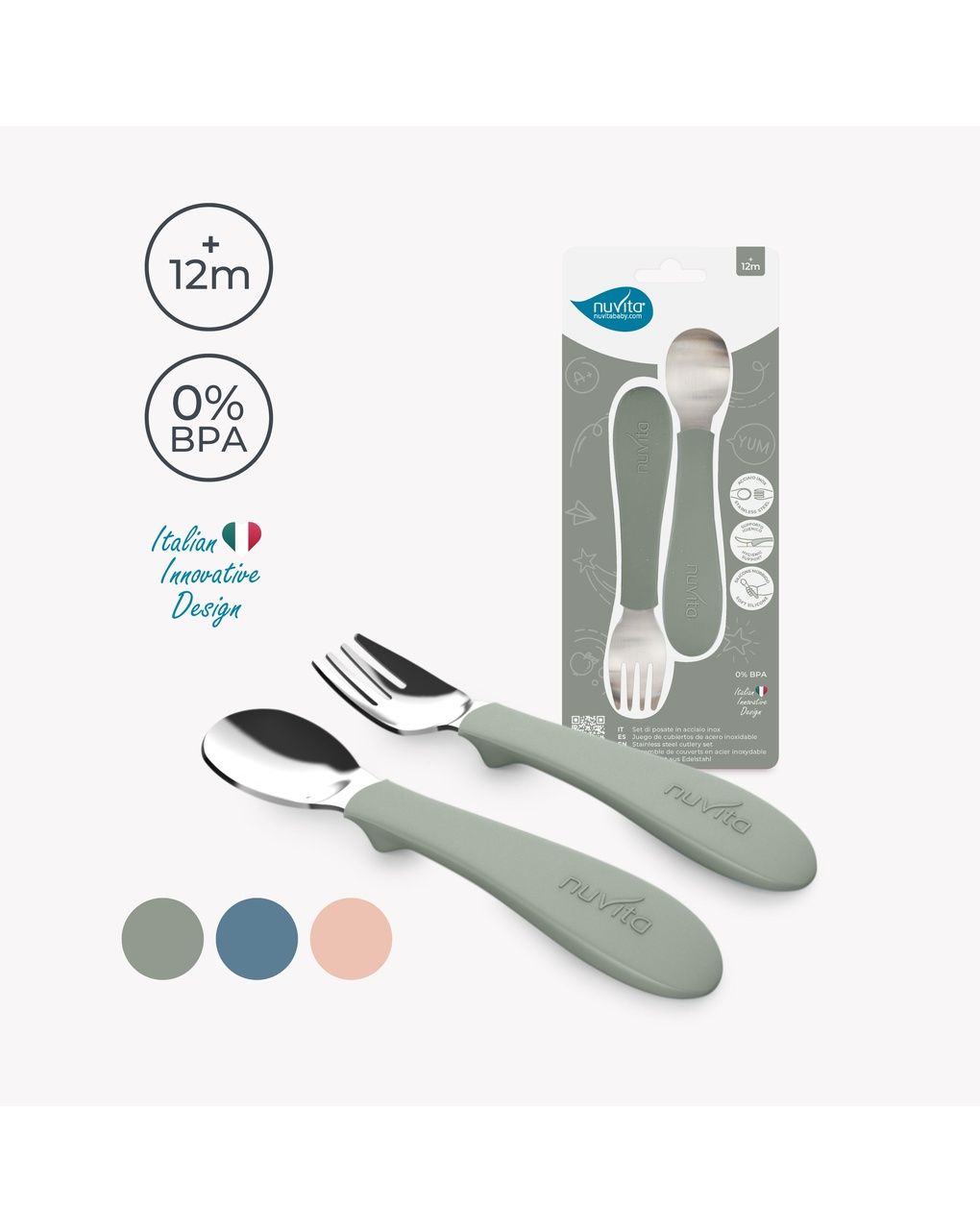 Set posate in acciaio con impugnatura in silicone - 8472 / english rose - nuvita