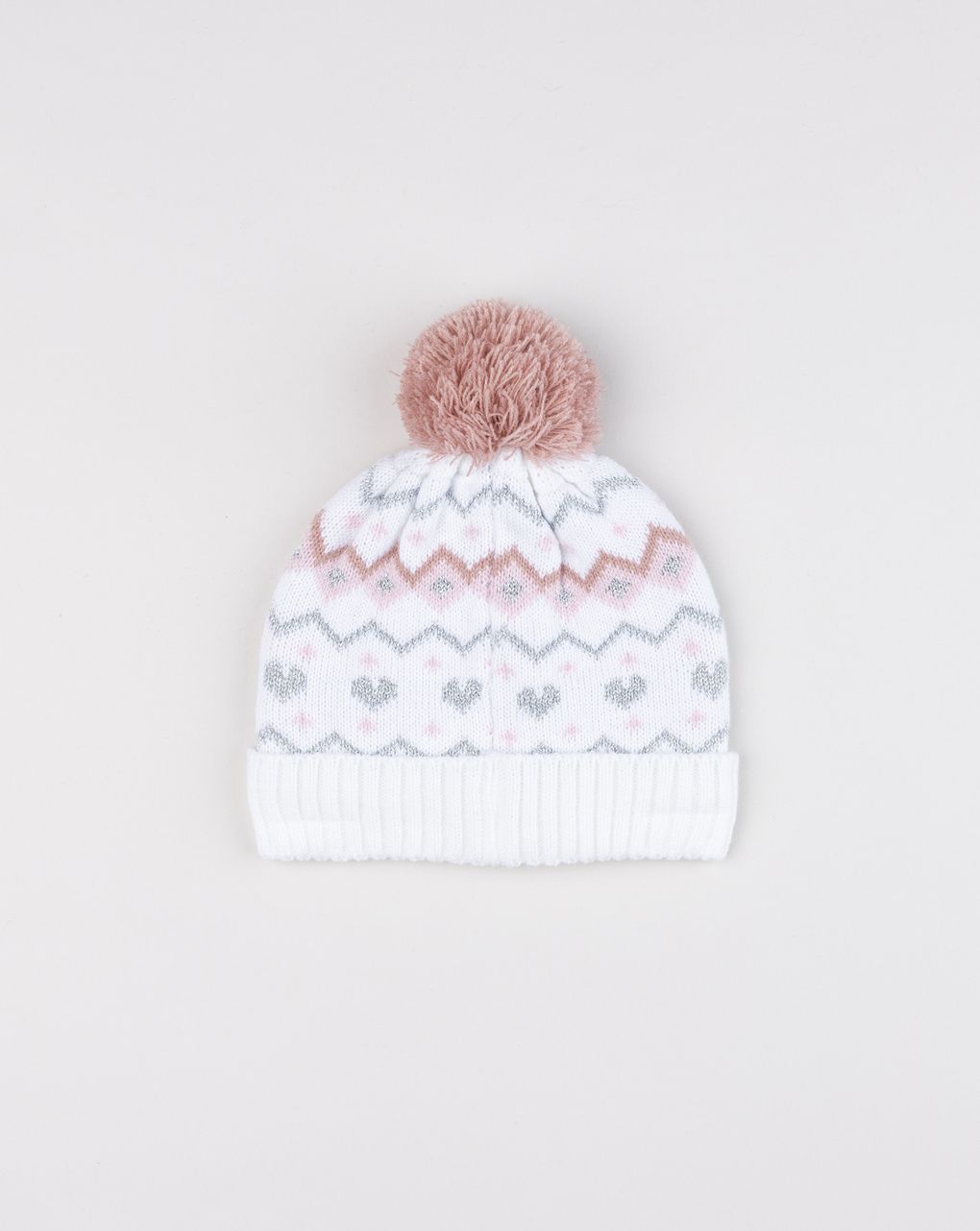Cappello bimba bianco e rosa greche e pon pon