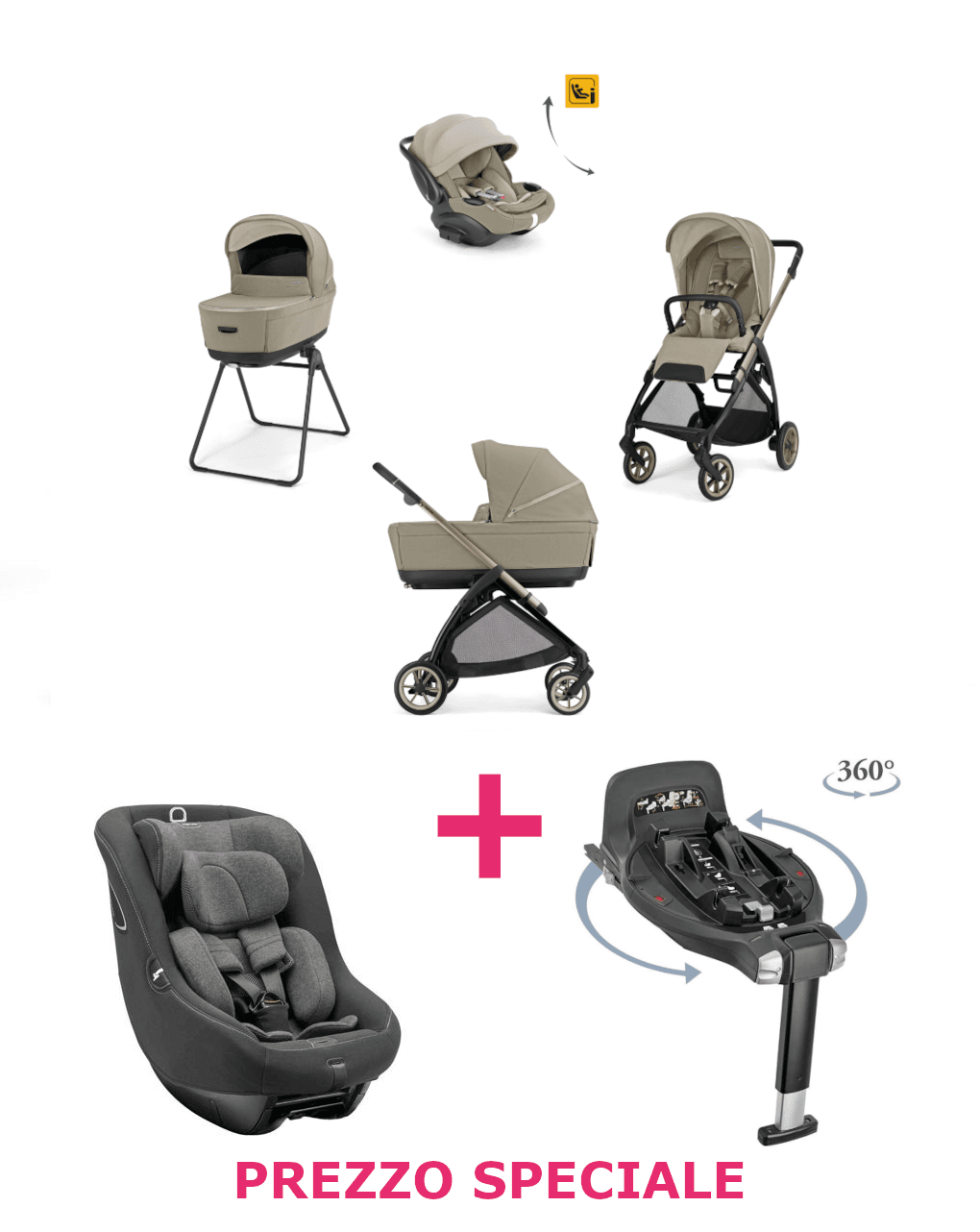 Trio electa darwin recline evo hangar beige telaio bronze + seggiolino auto darwin vulcan black + base auto darwin 360° i-size a un prezzo speciale