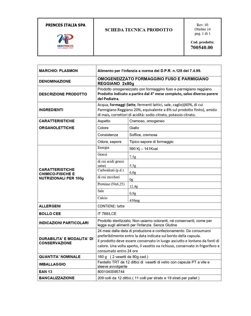 Omogeneizzato formaggino con parmigiano 4x80g - plasmon
