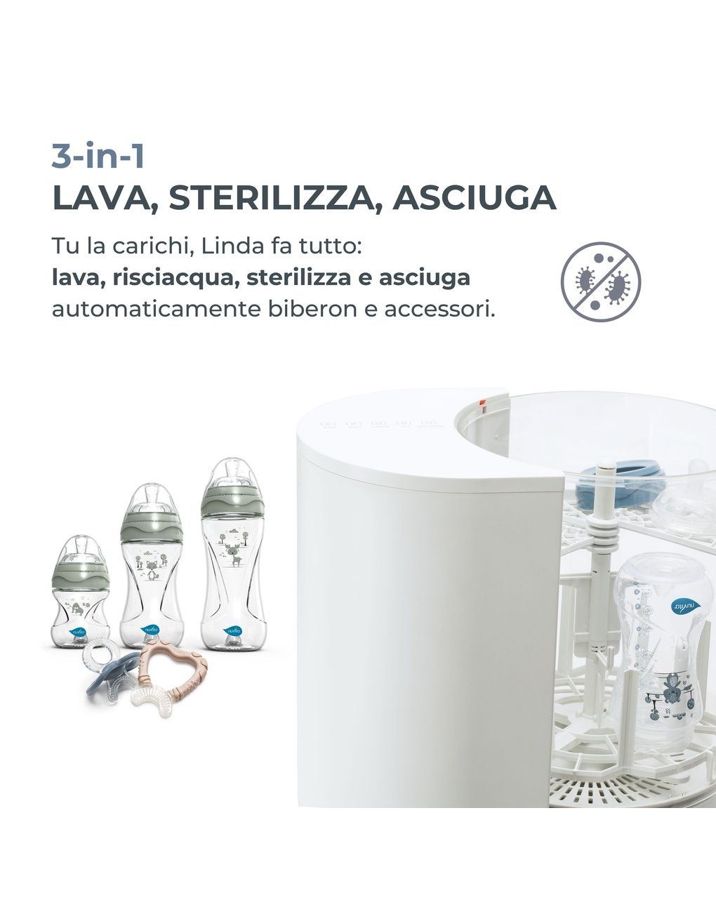 Lavabiberon 3-in-1 linda: lava, sterilizza e asciuga - 2000 - nuvita