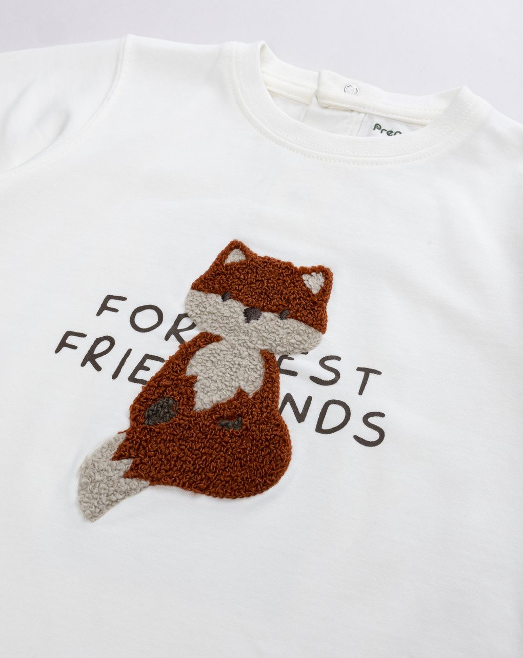 T-shirt panna bimbo con volpe bouclé "forest friends"
