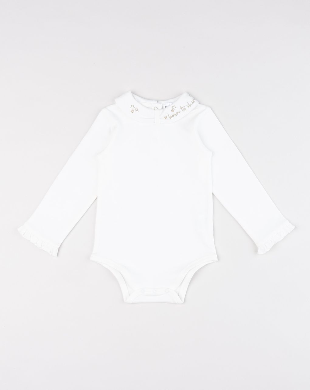 Body neonata bianco con colletto ricamato "born to shine"