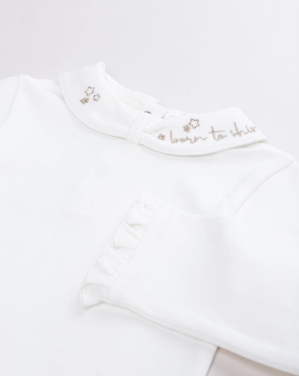 Body neonata bianco con colletto ricamato "born to shine"