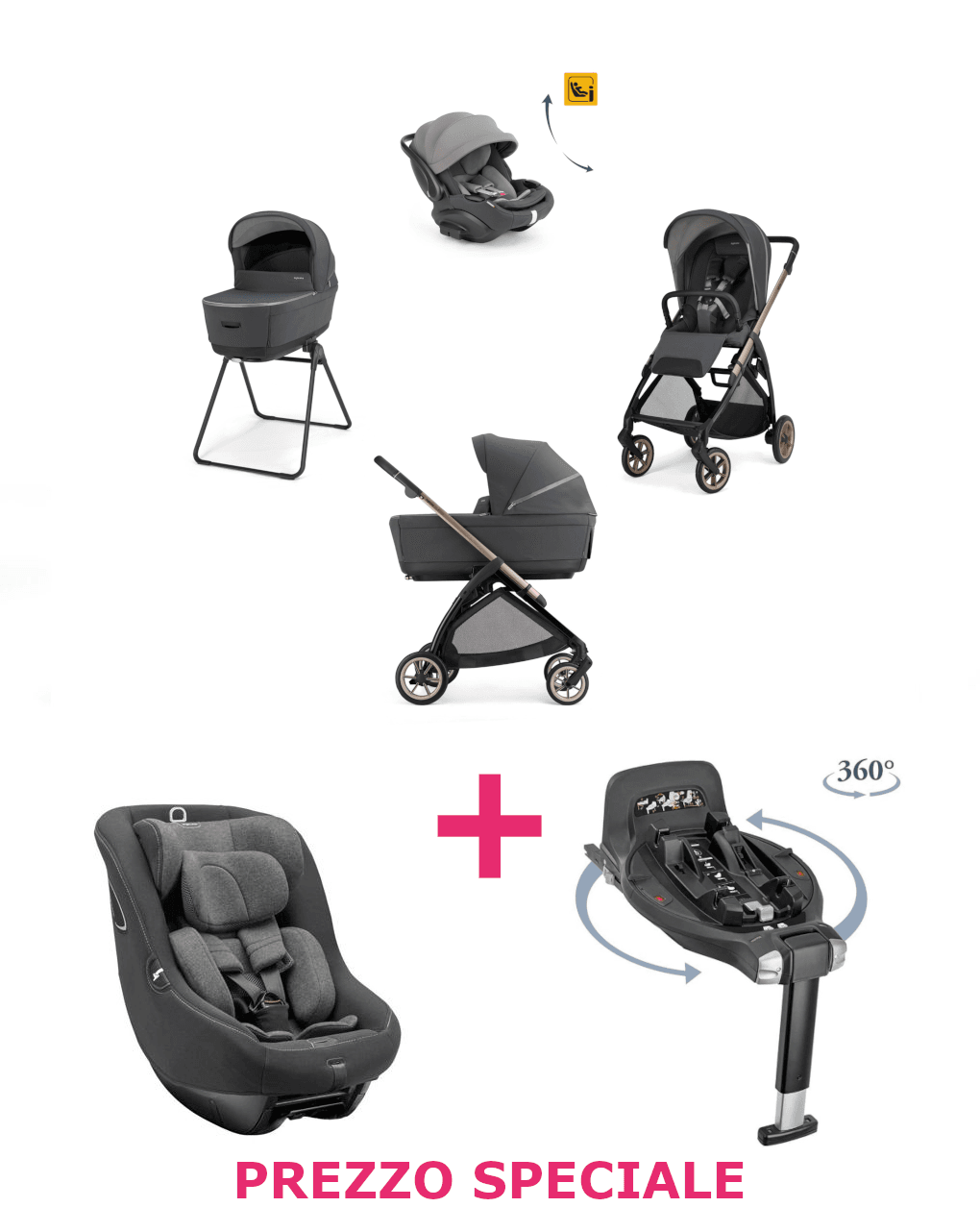 Trio electa darwin recline evo garage grey telaio bronze + seggiolino auto darwin vulcan black + base auto darwin 360° i-size a un prezzo speciale