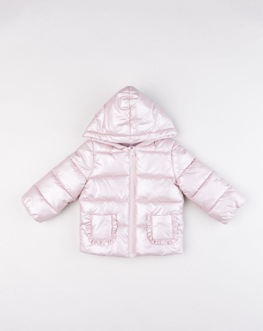 Giubbotto piumino bimba rosa lucido con cappuccio e volant