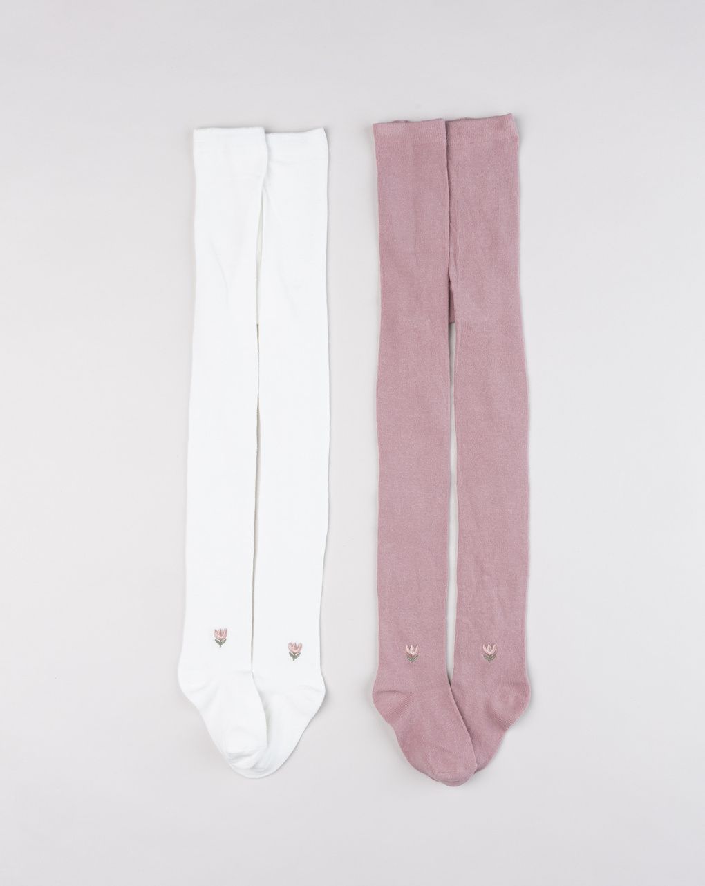 Pack 2 collant bambina bianco e rosa con ricamo fiore