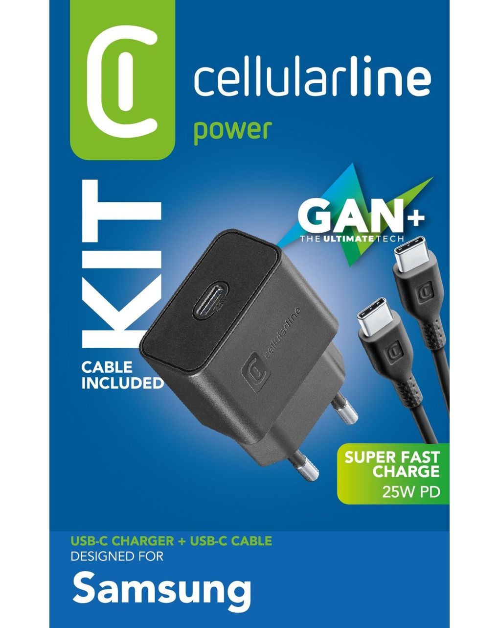Caricabatterie kit gan+ 25w cavo usb-c incluso - nero -per dispositivi samsung - cellularline