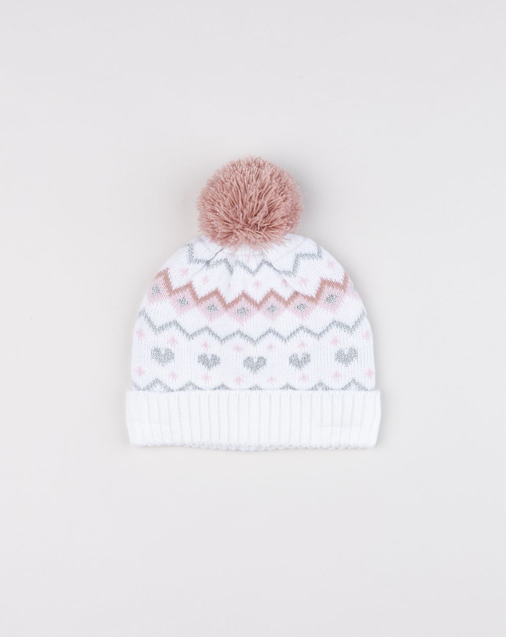 Cappello bimba bianco e rosa greche e pon pon