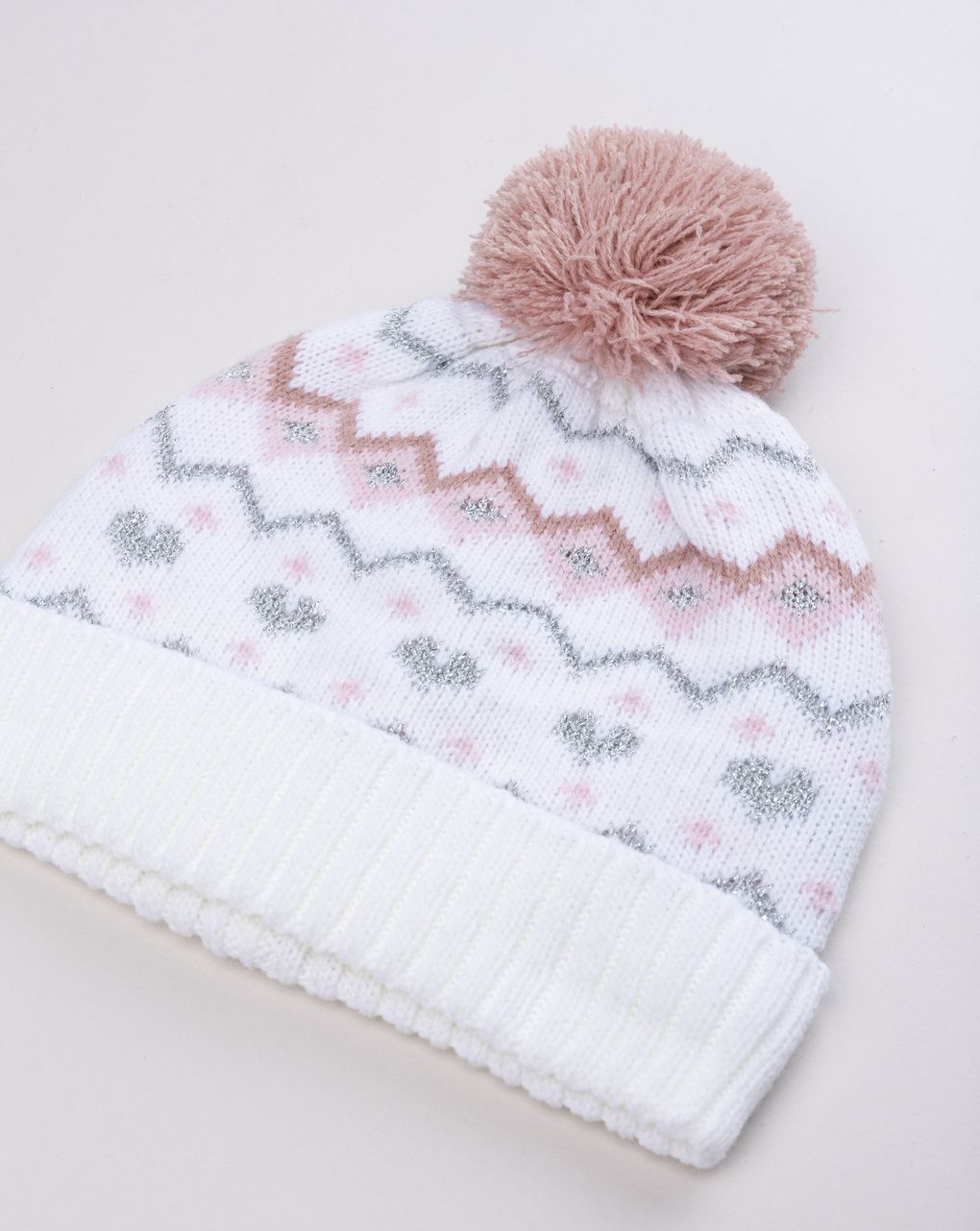 Cappello bimba bianco e rosa greche e pon pon
