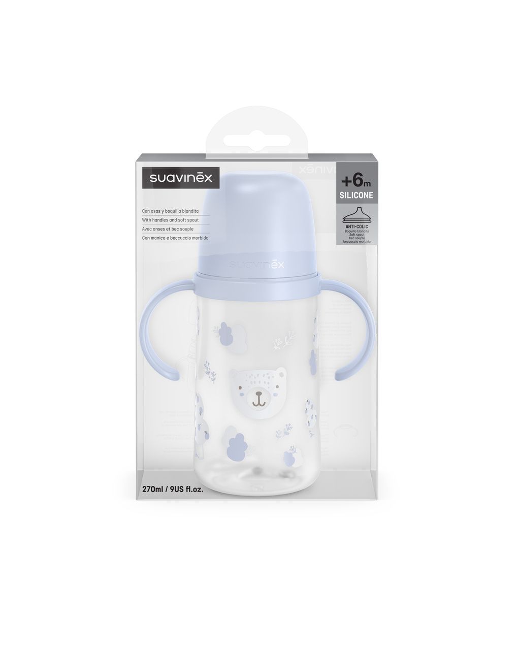 Wild&free biberon antigoccia con manici 270ml +6m azzurra - suavinex